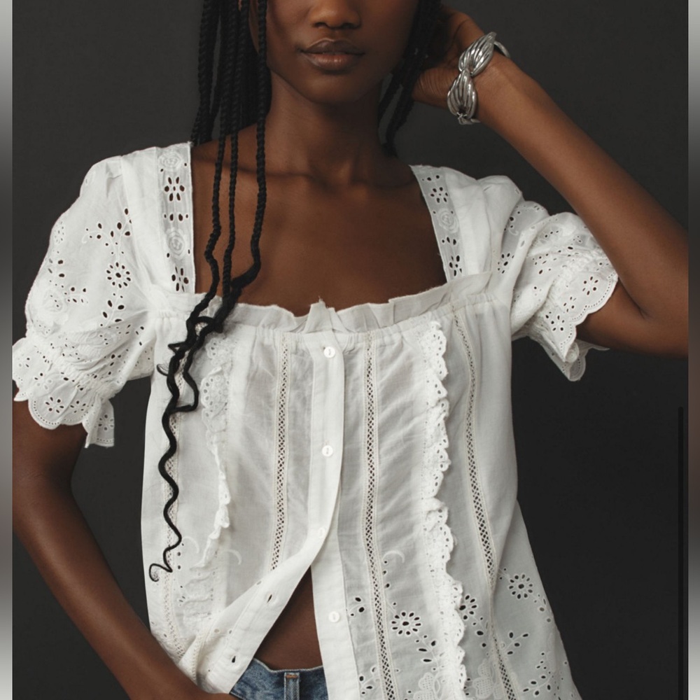 Maeve White Eyelet Ruffled Button-Front Blouse